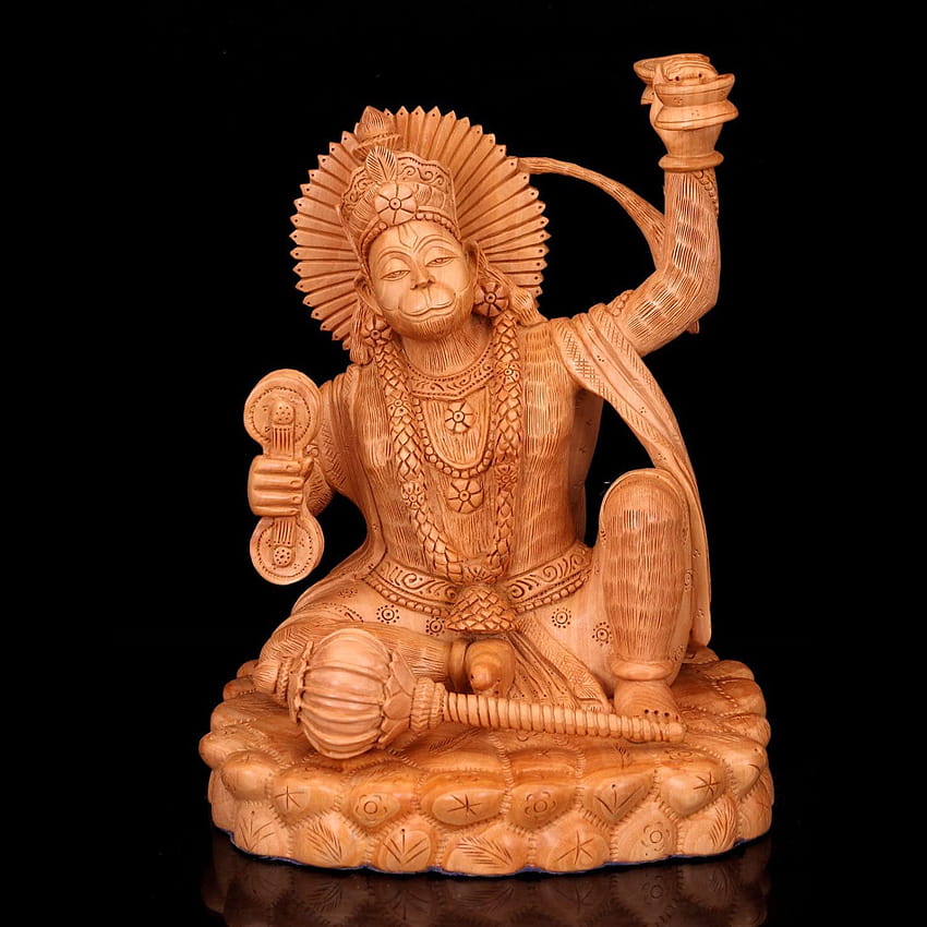 AapnoCraft Статуя на Бог Хануман Дървена хиндуистка лорд Баджранг Бали идоли/Мурти Ръчно изработена фигурка с лице на седяща маймуна: Дом и кухня HD тапет за телефон