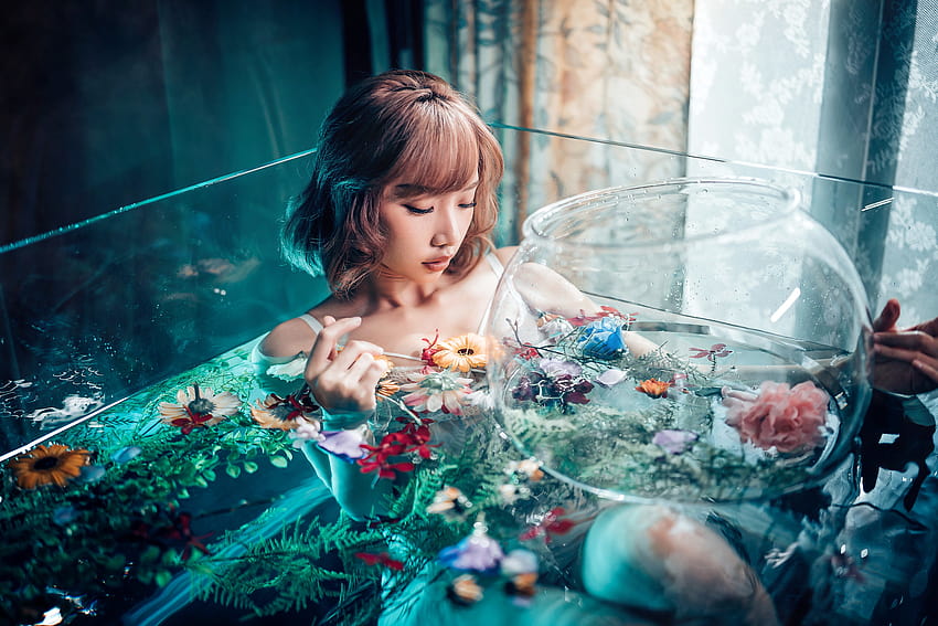 Aquarium Asian Women Model Bunga Air, wanita dan air Wallpaper HD
