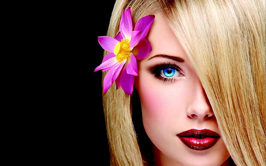 Woman with Pink Lotus Flower in her Hair, blonde pink hair woman HD wallpaper