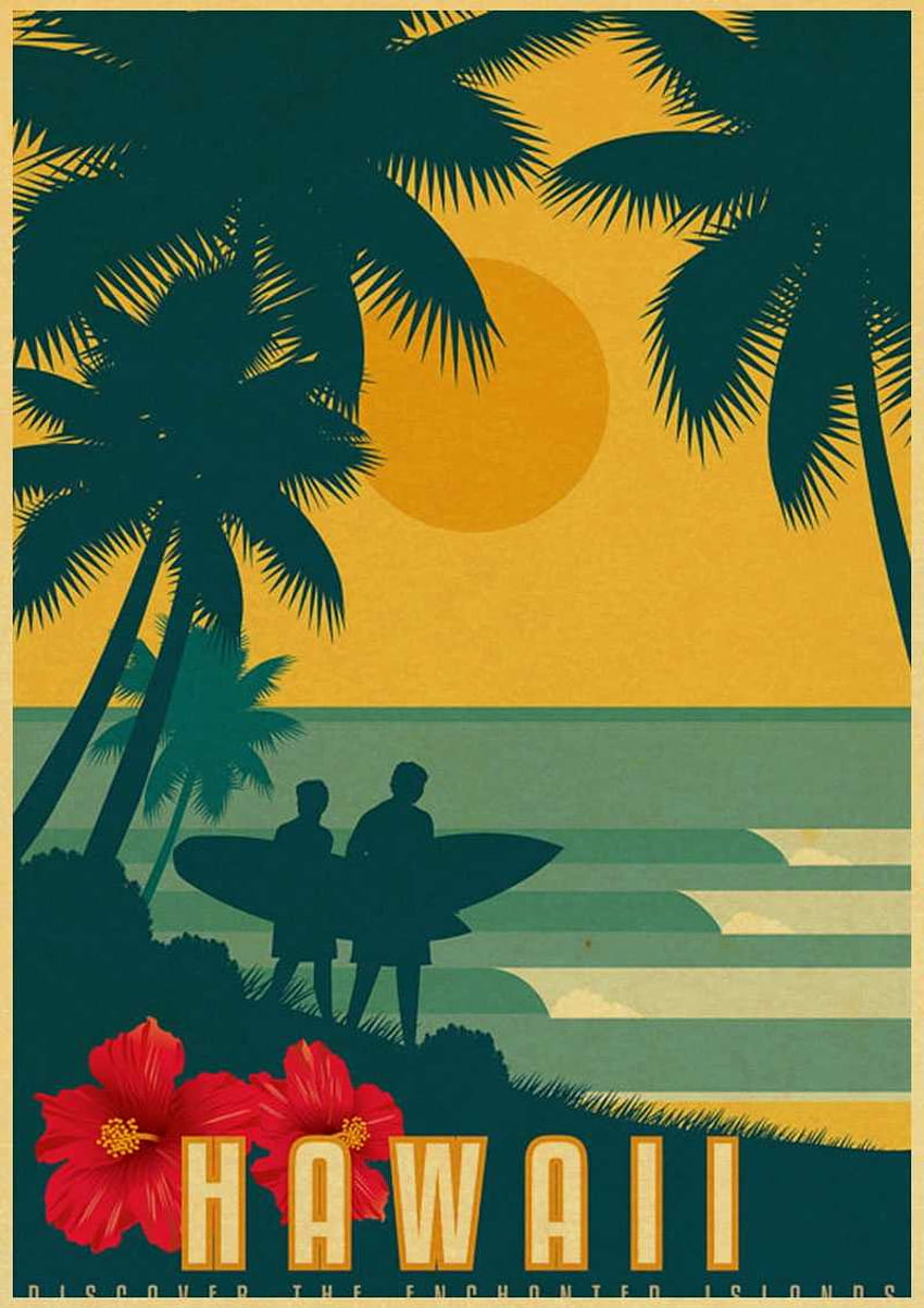 USA CITY 빈티지 포스터 하와이 나팔리 디자인 크래프트 종이 레트로 포스터 벽 스티커 벽화 카페 바 펍 장식, 레트로 하와이 HD 전화 배경 화면