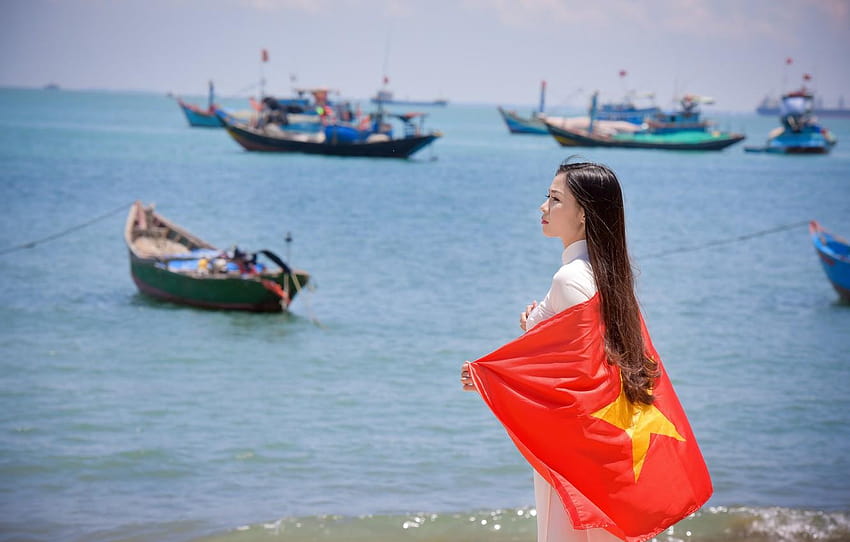 sea, summer, girl, face, dress, flag, Vietnam for, vietnam flag HD wallpaper