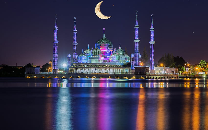 クリスタル モスク、夜、クアラ トレンガヌ、マレーシア、解像度 1920x1200。 高品質、 高画質の壁紙
