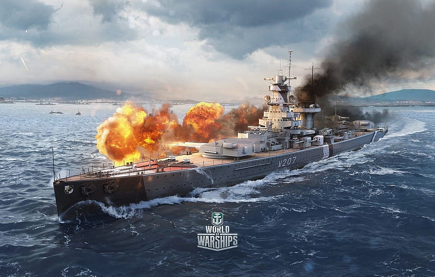 fuoco, nave, opera d'arte, World of Warships, ammiraglio graf , sezione игры, ammiraglio graf spee Sfondo HD