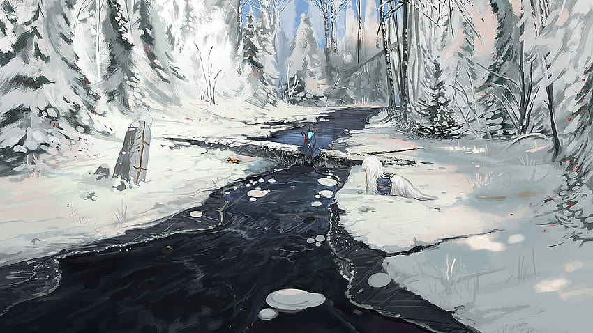 : winter, creature, snow, forest, river, cold, daylight, digital art, fantasy art, ice, white, artwork 2560x1440, winter forest artwork HD wallpaper