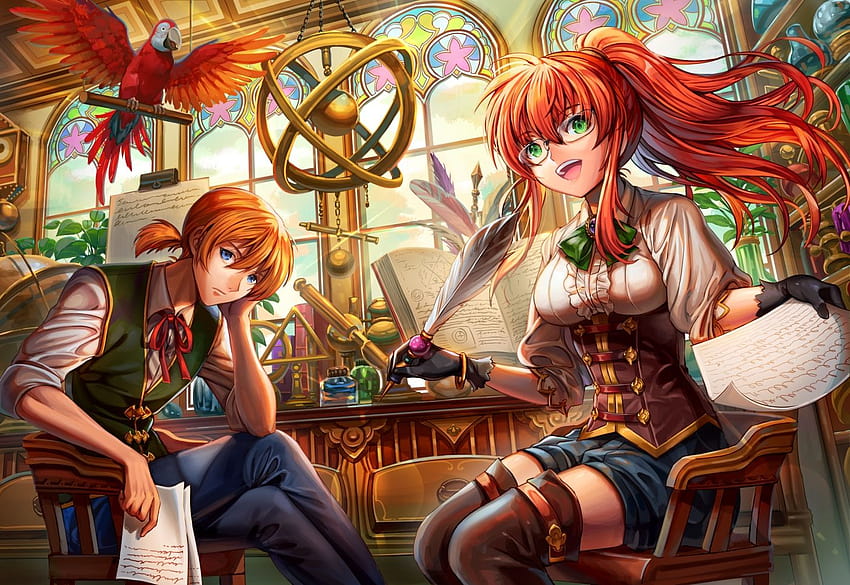 animal bird blue eyes boots bow ells feathers glasses gloves green, red hair anime boy HD wallpaper