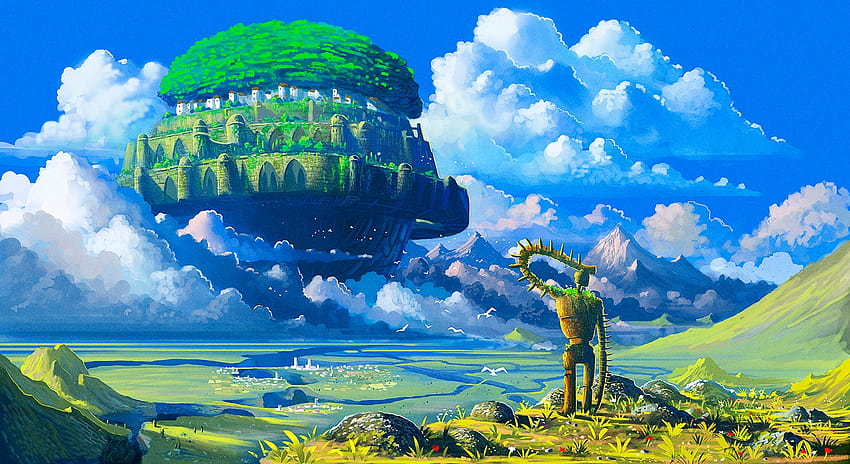 : ilustrasi, anime, robot, langit, Bumi, pulau terapung, Studio Ghibli, Castle in the Sky, padang rumput, komputer, Atmosfer bumi, ekosistem 1600x874, pulau anime Wallpaper HD