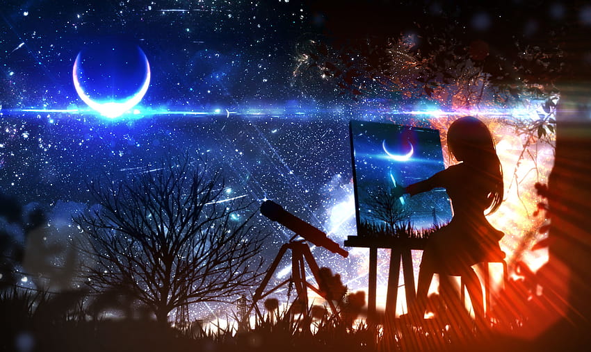 : anime kızlar, kadınlar, dijital sanat, sanat eseri, illüstrasyon, fantezi kız, fantezi sanatı, çevre, konsept sanat, güneş ışığı, Ay, ay ışığı, doğa, gök manzarası, mavi, turuncu, boyama, teleskop, siluet, yıldızlı gece, yıldızlı gökyüzü, yıldızlar, kadın gece gökyüzü HD duvar kağıdı
