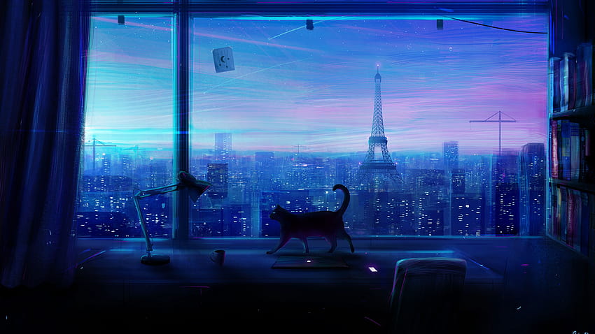 3840x2160 kot, sztuka, okno, miasto, widok u, miasto anime Tapeta HD