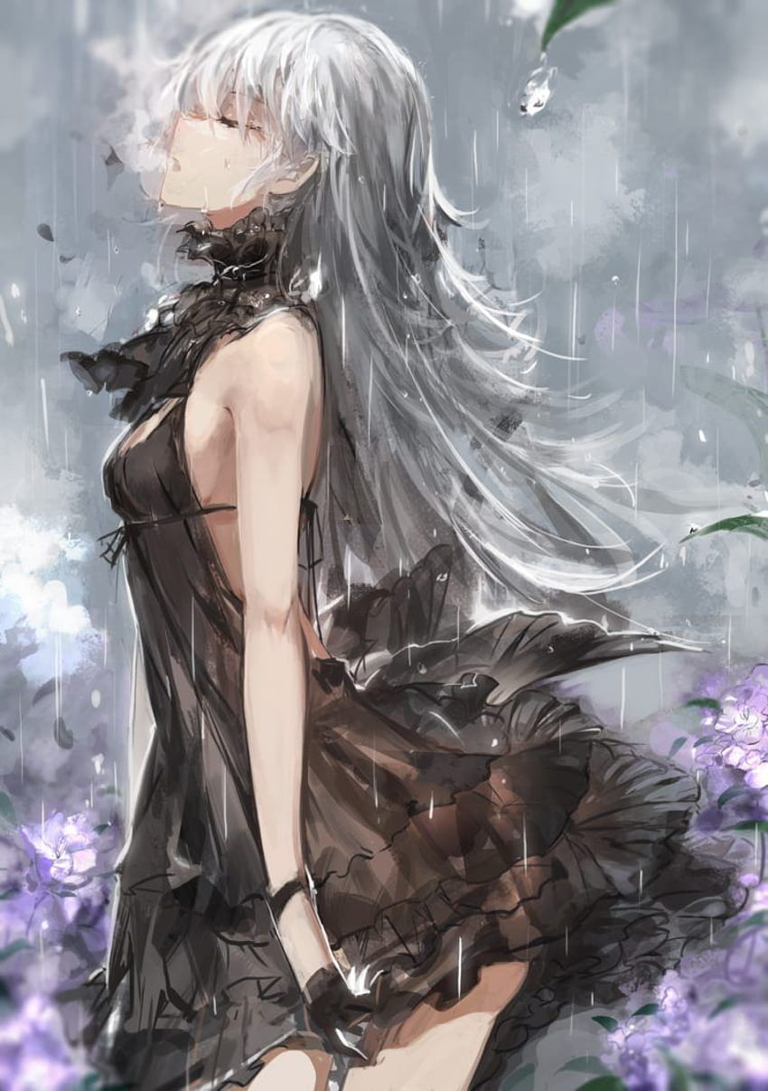オリジナルキャラクター、長い髪、白髪、黒いドレス、雨、長い髪の少女アニメ HD電話の壁紙