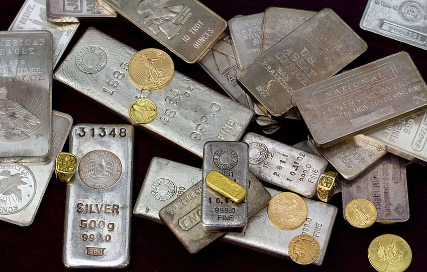oro, monedas, lingotes, sección макро, lingote de plata fondo de pantalla