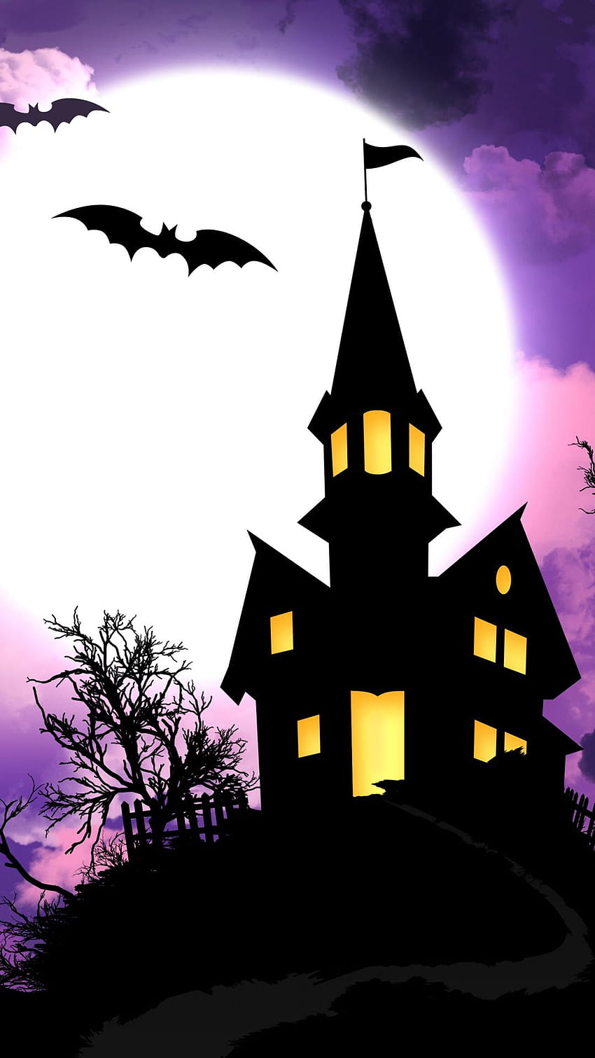 Spooky Halloween House Illustration Android HD phone wallpaper