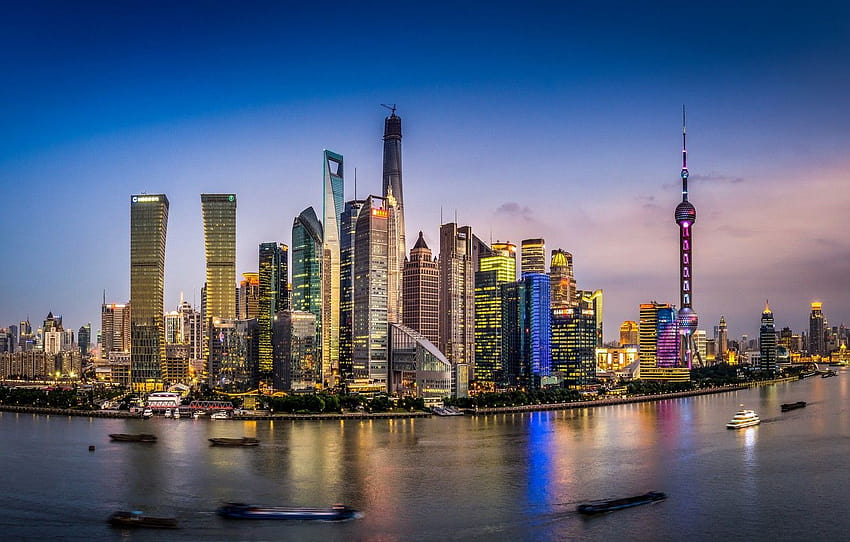 el cielo, las nubes, los barcos, China, Shanghái, el crepúsculo, la Torre de la Perla Oriental, la Torre de Shanghái, la Torre Jin Mao, el Centro Financiero Mundial de Shanghái, el río Huangpu, el Centro Bund, la sección город, la torre fondo de pantalla