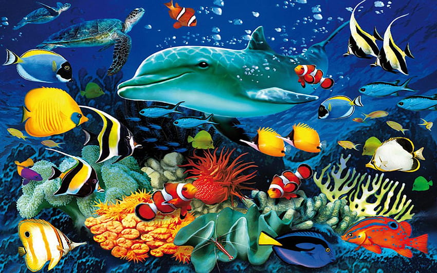 Océano Mundo submarino Vida marina Delfín Tortuga marina Coloridos delfines bajo el agua fondo de pantalla