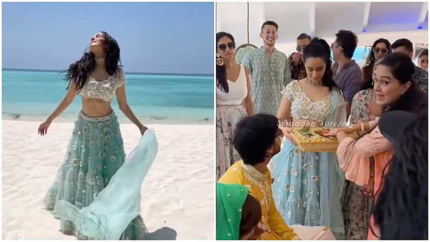 Bliźniaczki Shraddha Kapoor z morzem na weselu kuzyna na Malediwach; ciocia Padmini Kolhapure, Rohan Shrestha uczestniczą. Zobacz Tapeta HD