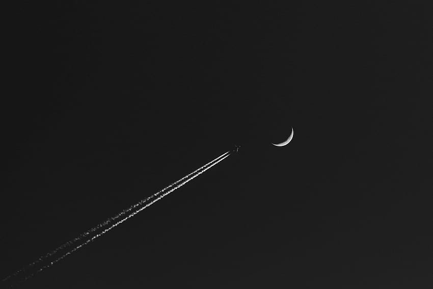 lua crescente, avião, lua, minimalismo, monocromático, lua crescente minimalista papel de parede HD