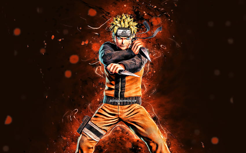 Uzumaki Naruto, luci al neon arancioni, personaggi di Naruto, Sharingan, Naruto, manga, samurai, Naruto Uzumaki con risoluzione 3840x2400. Alta qualità, neon naruto Sfondo HD