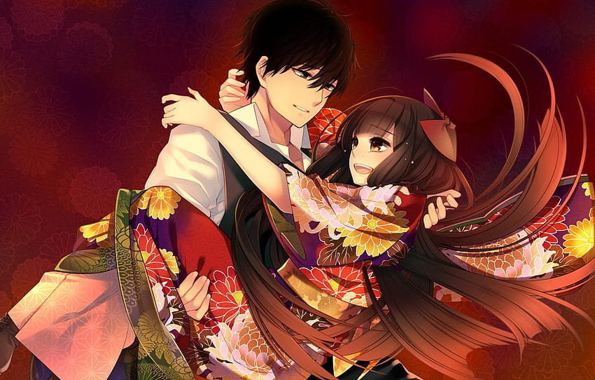 girl, romance, anime, art, guy, two, romantic anime hug HD wallpaper