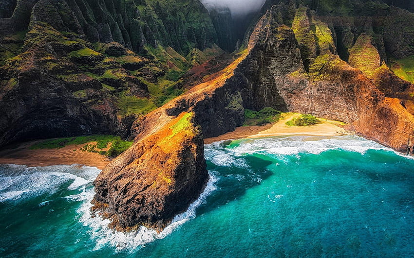 paisaje, Naturaleza, Kauai, Hawái, Playa, Acantilado, Mar, Montaña, Costa, Vista aérea y s móviles, paisaje de playa de hawaii fondo de pantalla