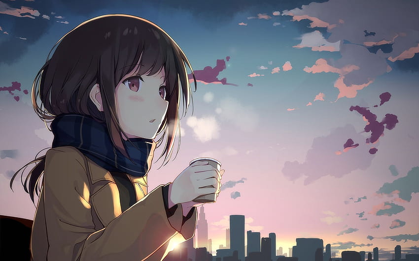 Urocza dziewczyna z anime pijąca kawę, anime, dziewczyna z anime z kawą Tapeta HD