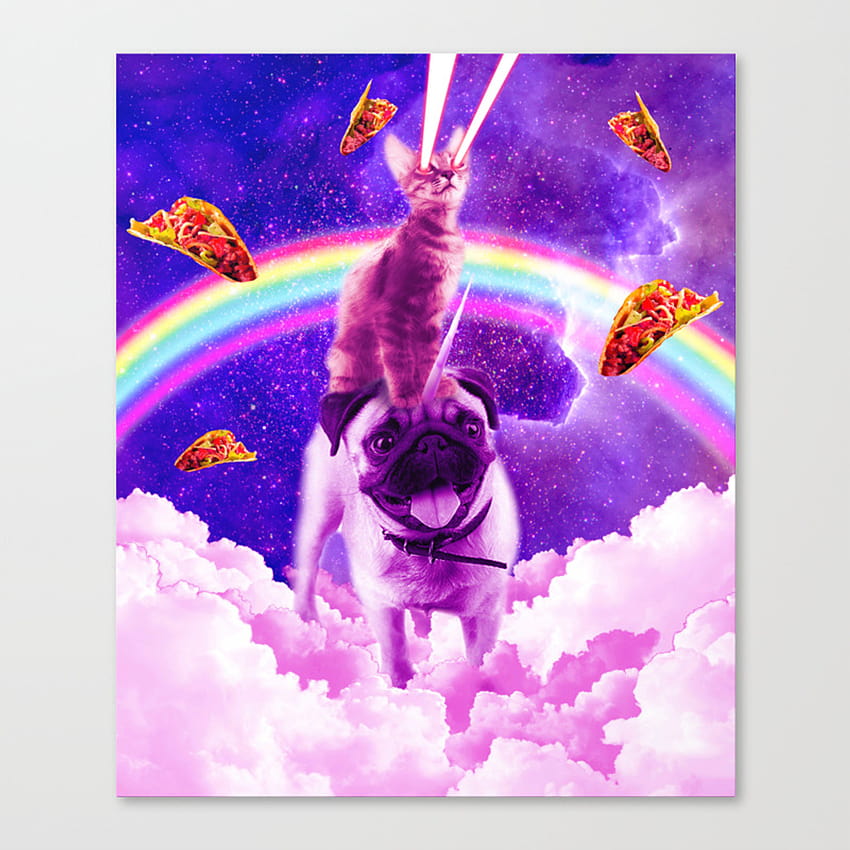 Leinwanddruck „Cosmic Cat Riding Unicorn Mops“ von Random Galaxy, Einhorn-Möpse HD-Handy-Hintergrundbild