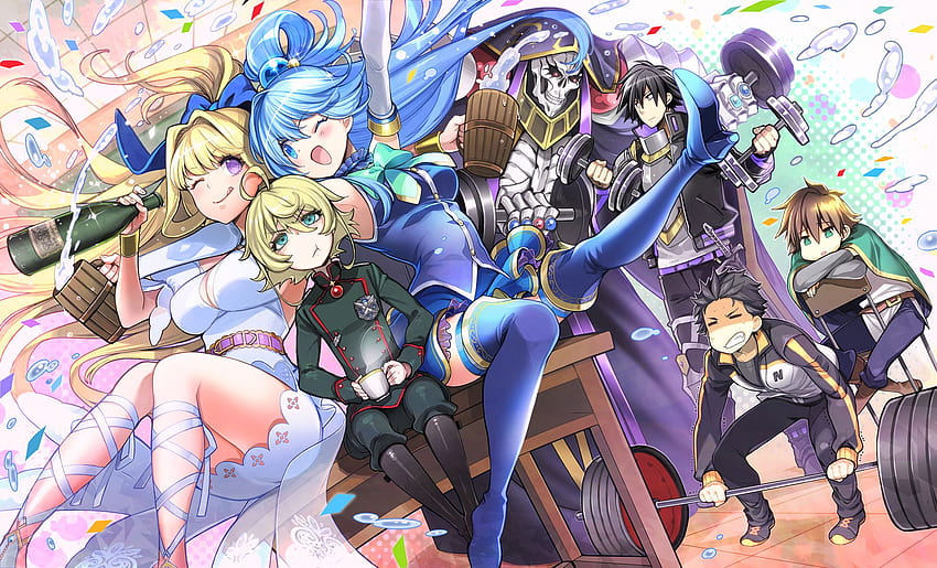 toyota saori isekai quartet kono subarashii sekai ni shukufuku wo! kono yuusha ga ore tueee kuse ni shinchou sugiru overlord re zero kara hajimeru isekai seikatsu youjo senki ainz ooal gown aqua, satou kazuma HD wallpaper