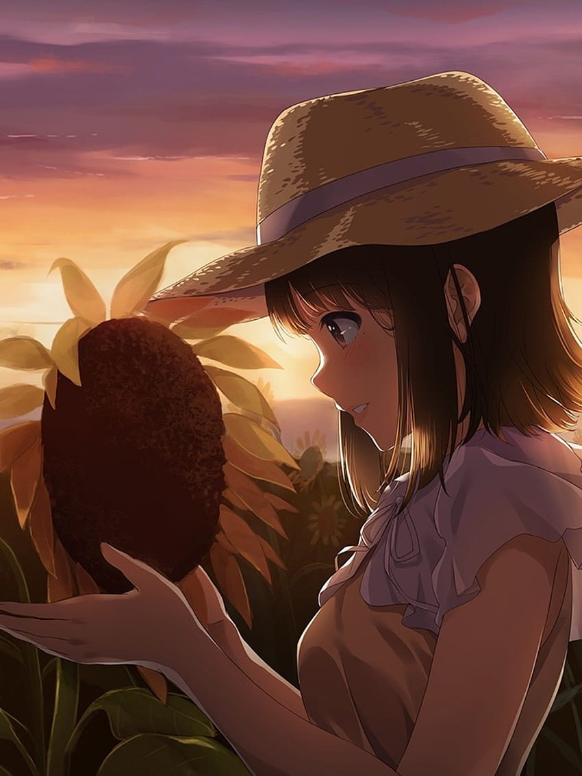 1536x2048 Sunflower, Anime Girl, Sunset, Profile View, Straw Hat for Apple iPad Mini,Apple IPad 3,4, sunflower anime girl HD phone wallpaper