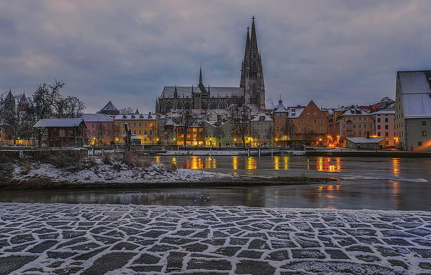 winter, snow, trees, lights, river, home, the evening, regensburg HD wallpaper