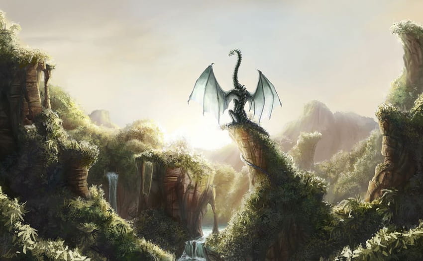 Dragons Fantastic world Fantasy dragon waterfall jungle forest river HD wallpaper