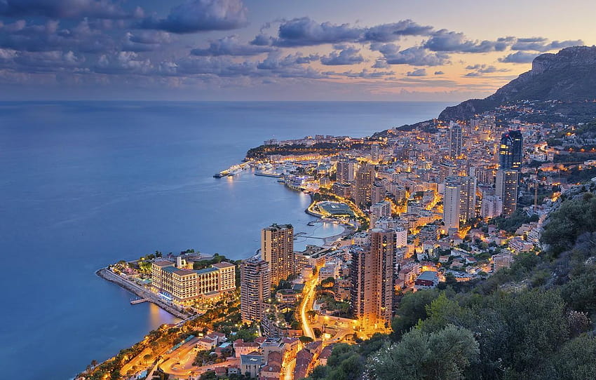 mer, côte, panorama, ville de nuit, Monaco, La mer Ligure, Côte d'Azur Fond d'écran HD