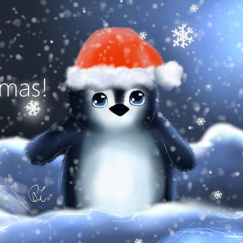 Preview Penguin, Hat, Cub, Snowflakes, Christmas HD phone wallpaper