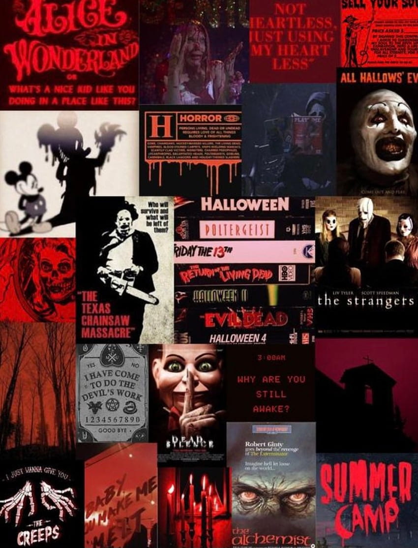 Kit collage da parete estetico horror vintage rosso. Collage di film di halloween alla moda Sfondo del telefono HD