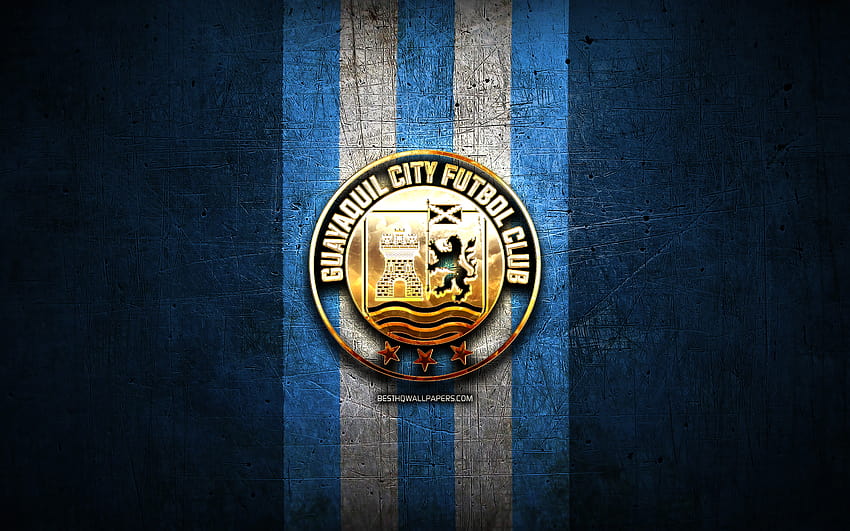 Guayaquil City FC, golden logo, Ecuadorian Serie A, blue metal background, football, FC Guayaquil City, Ecuadorian football club, Guayaquil City logo, soccer, Ecuador with resolution 2880x1800. High Quality HD wallpaper