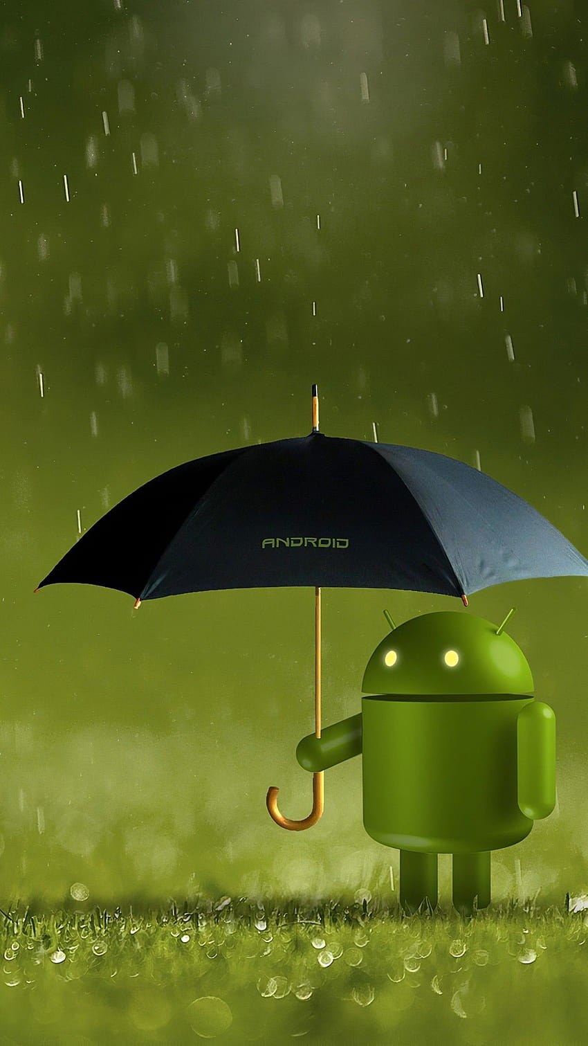 Лого на Android, Android робот, чадър, дъжд, зелено, технология, android дъжд HD тапет за телефон