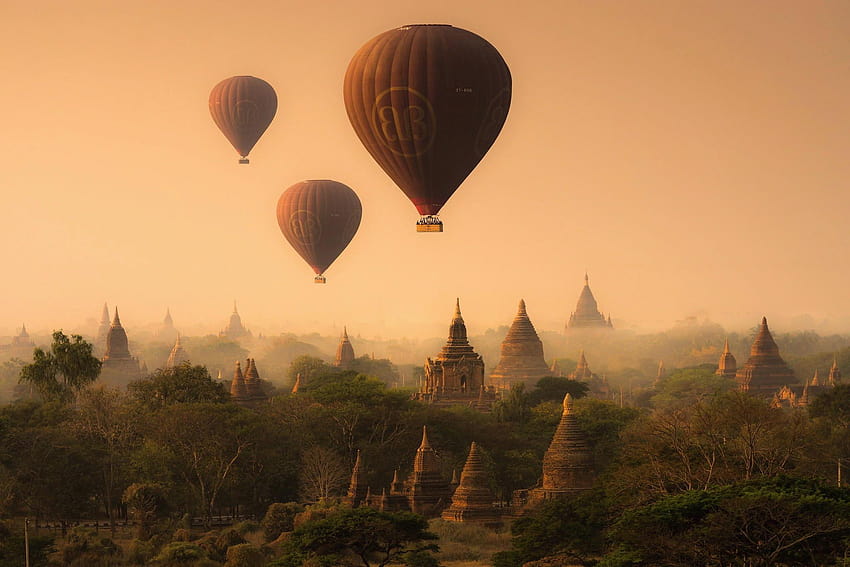 Myanmar, Bagan, pagoda, temple, hot air balloon, balloon HD wallpaper