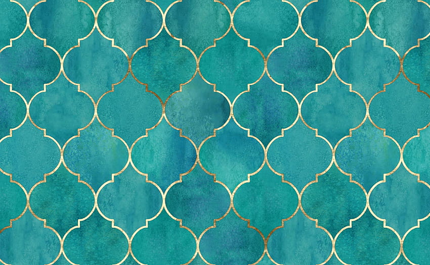 벽을 위한 빈티지 골든 모로코 패턴이 있는 청록색 수채화 HD 월페이퍼