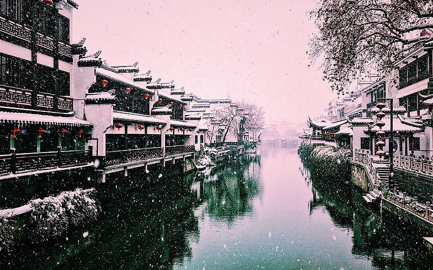 Beautiful winter, snowy, river, houses, lantern, Nanjing, China 3840x2160 U HD wallpaper