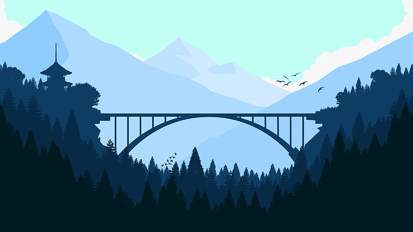 Bridge In Forest Minimalist สีฟ้าแบบมินิมอล วอลล์เปเปอร์ HD