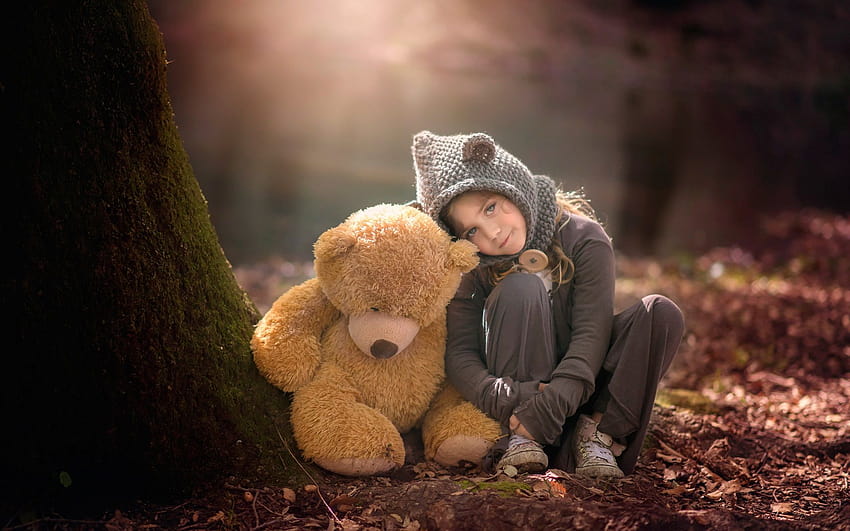 Cute little girl and teddy bear in forest 640x1136 iPhone 5/5S/5C