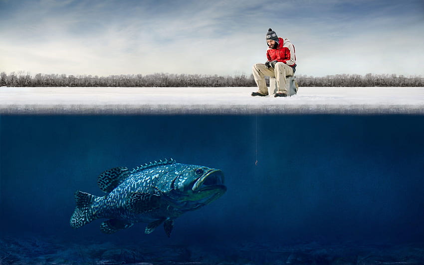 Забавен човек ледена голяма риба Куки хумор рибар зимен риболов g HD тапет