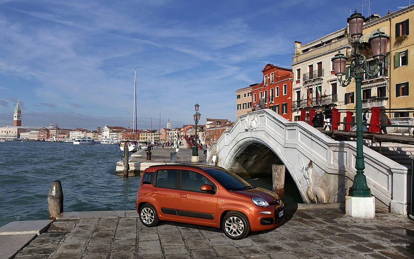 Red Fiat Panda in Venice HD wallpaper