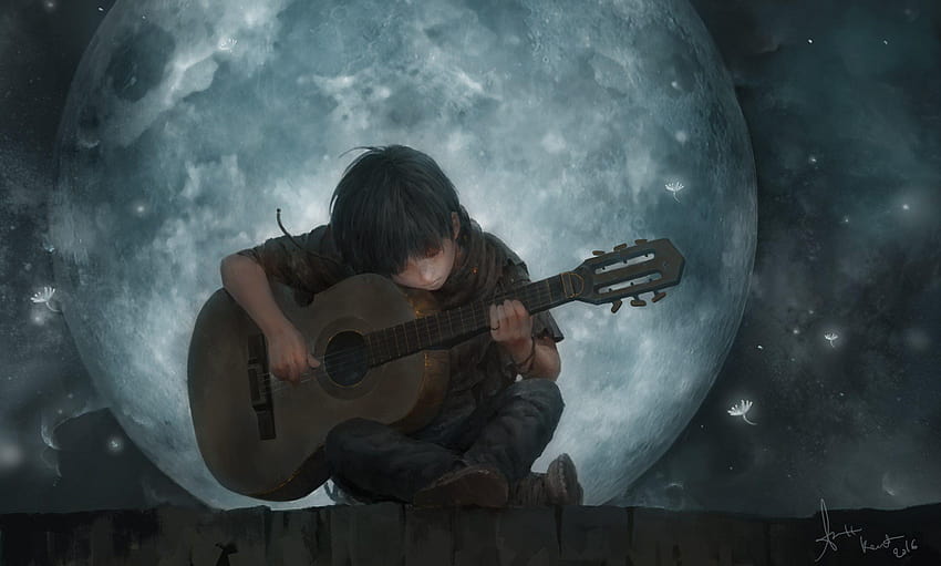 ワイドスクリーン、ギターのアニメの少年 高画質の壁紙