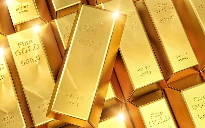 barras de ouro, ouro 3d, fundo dourado, amostra de ouro 999, barras de ouro 999, arte 3d, conceitos financeiros com resolução 2880x1800. Bloco de ouro de alta qualidade papel de parede HD