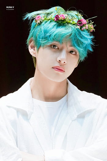 Kim Taehyung with Flower crown and blue hair