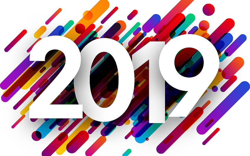 Feliz año nuevo 2019, dígitos blancos, creativo, año 2019, arte abstracto, conceptos 2019, líneas coloridas con resolución 3840x2400. Alta calidad fondo de pantalla