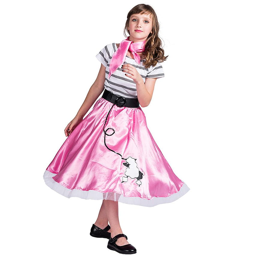1950's Grease Costume Girl's Poodle Falda Grease con bufanda Halloween Pink Dress Disfraz para niños Carnival Party Vintage Dress, poodle skirt lady fondo de pantalla del teléfono