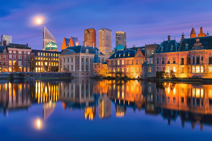 hague, Netherlands, The, Hague, Netherlands, Holland, Night, City, Buildings, Waterfront, Water, Reflection / and Mobile Backgrounds, the hague HD wallpaper