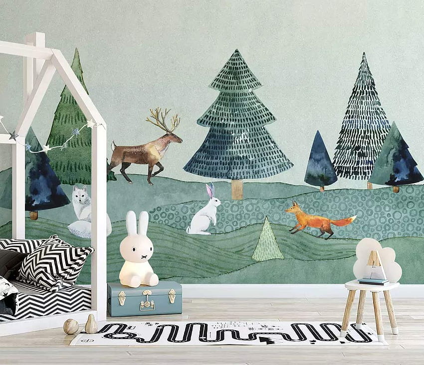 Grey Backgrounds Fox, Deer,Rabbit Animals and Green Pine Trees Nursery , Kids Hot, kidshot HD wallpaper