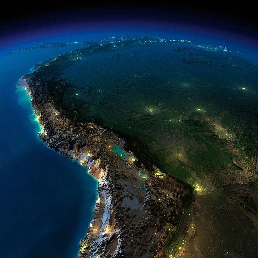 แผนที่บรรเทาที่เกินจริงของ Andes และ Amazon Basin ในเวลากลางคืน ทะเลชายฝั่งโล่งอกของภูเขา วอลล์เปเปอร์โทรศัพท์ HD