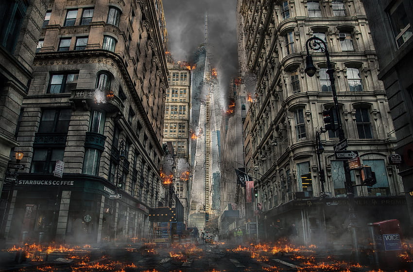 Gebäudeexplosion, zerstörtes Gebäude HD-Hintergrundbild