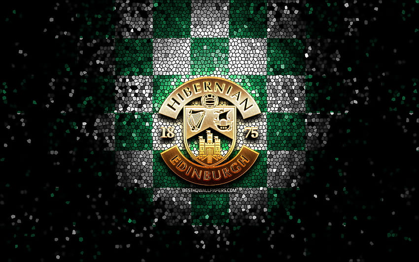 Hibernian FC, glitter logo, Scottish Premiership, green white checkered background, soccer, scottish football club, Hibernian logo, mosaic art, football, FC Hibernian with resolution 2880x1800. High Quality HD wallpaper